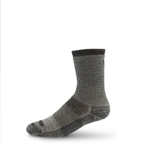 A single mid-calf hiking sock in a heathered gray and black colorway, shown from a three-quarters angle on a white background.