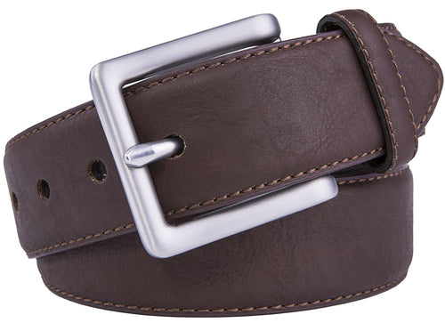 Brown leather belt with a silver buckle on a white background