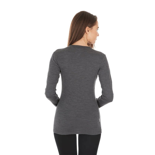 Woman wearing a gray long-sleeve top on a white background