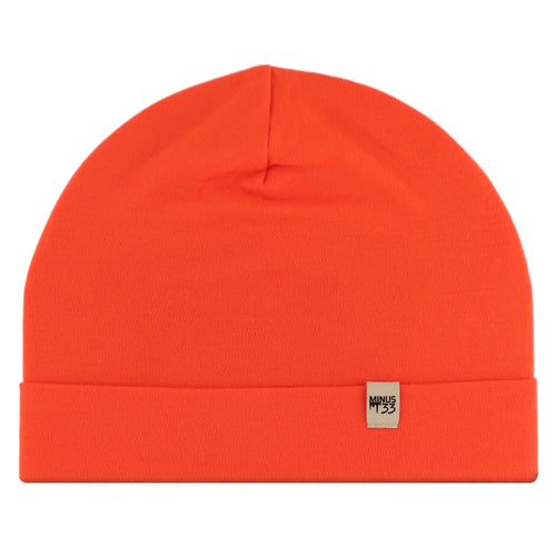 Orange beanie with a small label on a white background