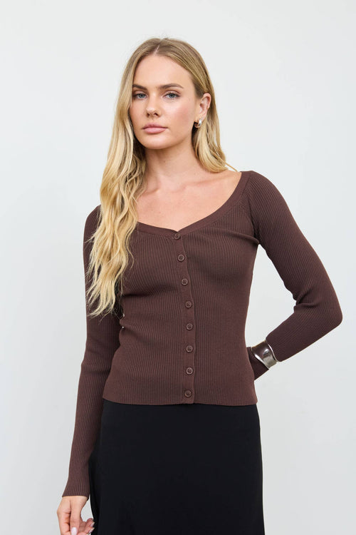 SCOOP NECK BUTTON FITTED RIBBED KNIT CARDIGAN