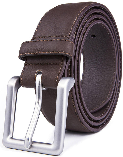 Brown leather belt with a silver buckle on a white background
