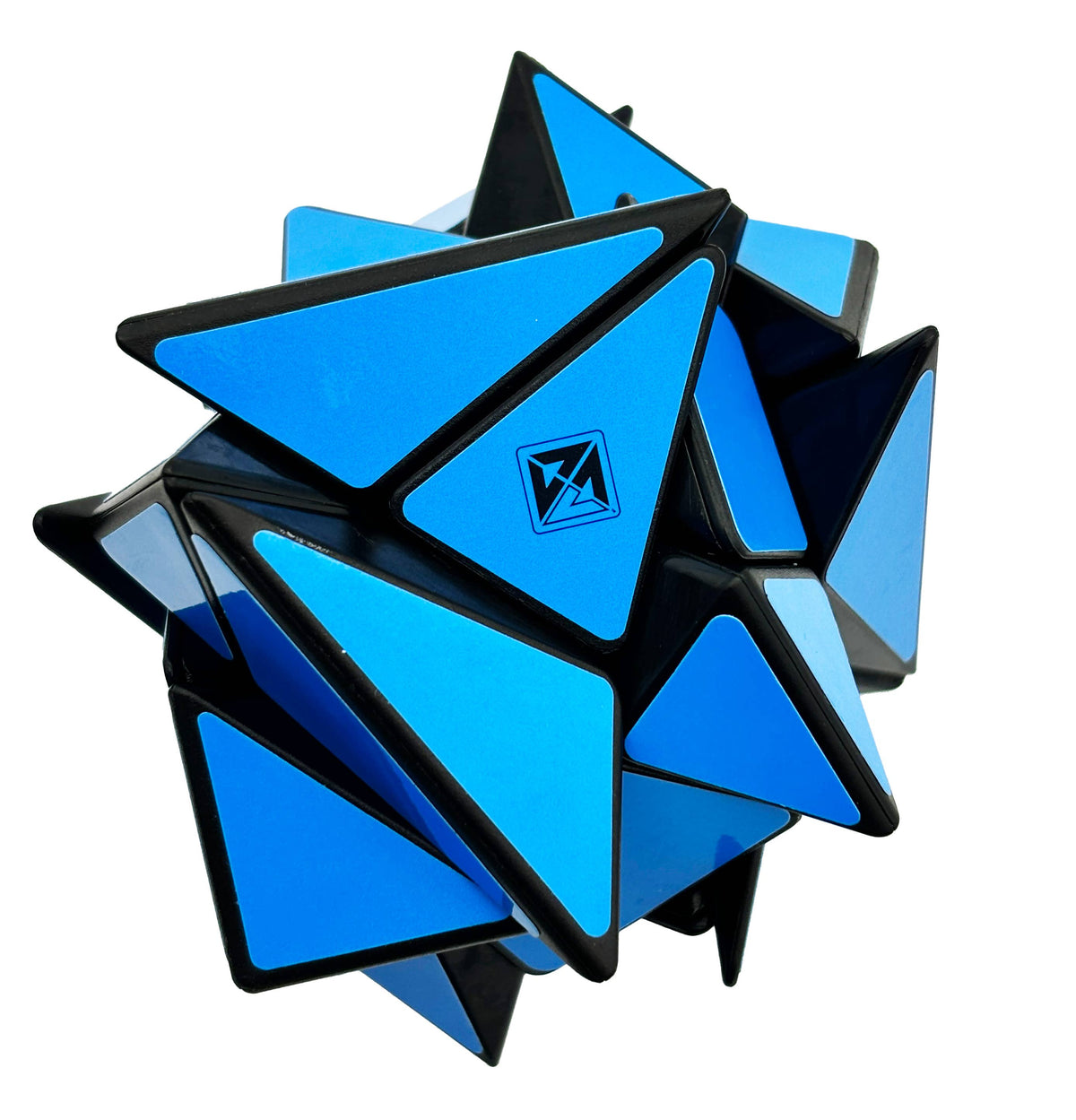 Geometric puzzle with blue and black triangular faces on a white background