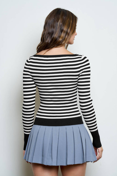 BOAT NECK STRIPE RIBBED LONG SLEEVE SWEATER TOP