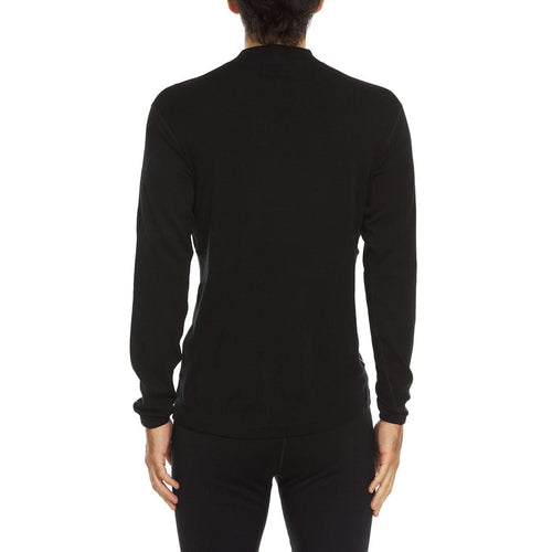 Person wearing a black long-sleeve top on a white background