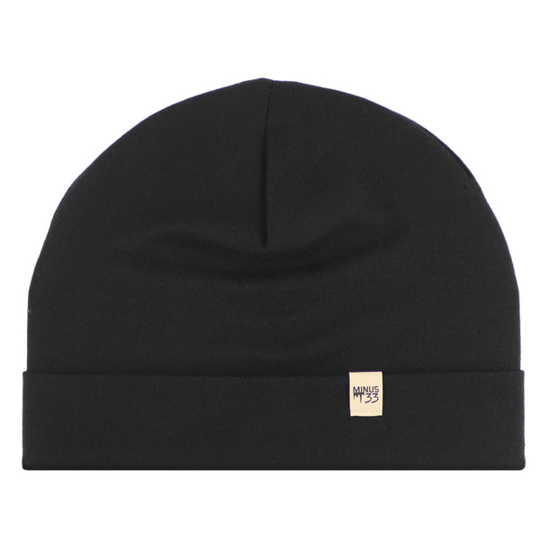 Black beanie with a brand label on a white background