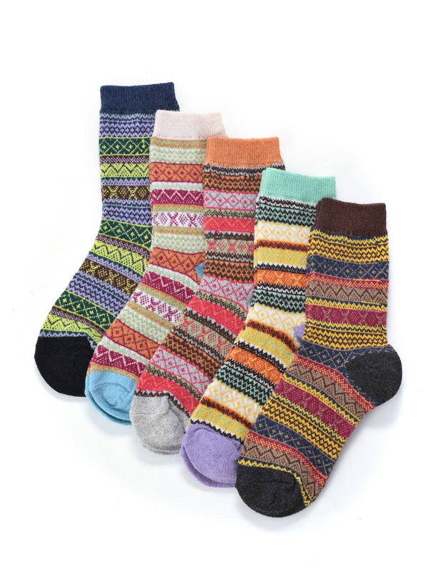 Six pairs of patterned crew socks arranged in a fan shape on a white background. The socks feature various colorful Fair Isle and geometric stripe patterns in shades of green, blue, pink, orange, yellow, purple, brown, and gray.