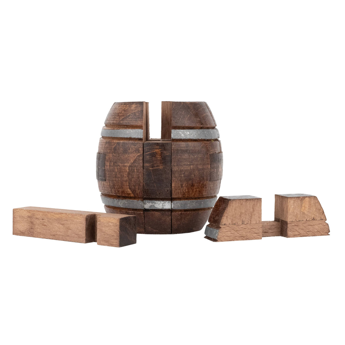 Wooden barrel puzzle with wooden blocks on a white background