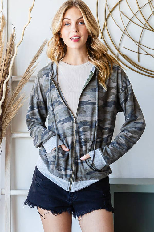 Camo Print Solid Contrast Zip Up Drawstring Hoodie