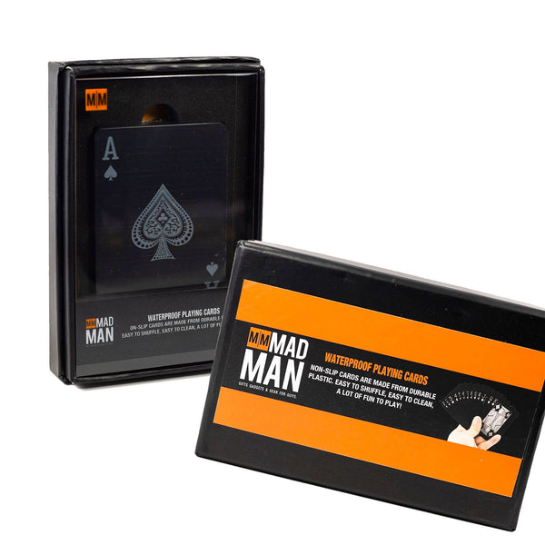 Black and orange playing card box with 'Mad Man' branding on a white background