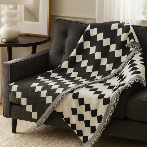 A black and off-white diamond-patterned throw blanket with fringed edges draped over a dark gray armchair in a living room setting.