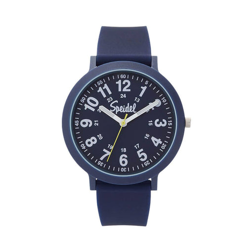 Navy blue watch with a white face on a white background