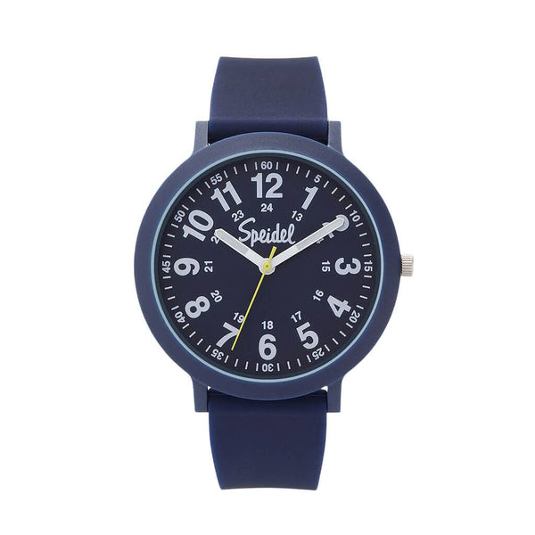 Navy blue watch with a white face on a white background