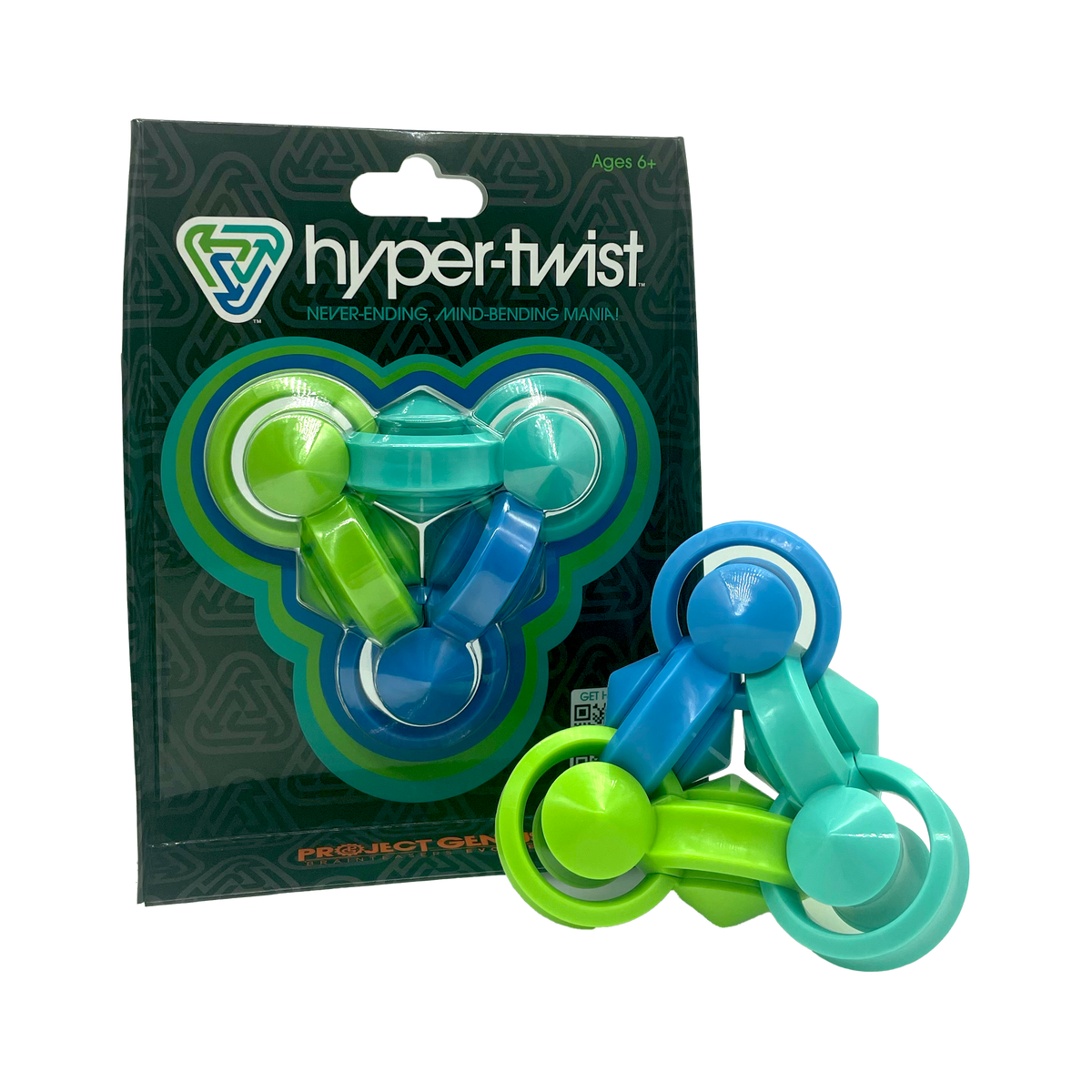 Green and blue hyper-twist toy with packaging on a white background