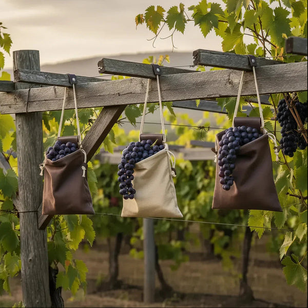 Freshly harvested dark grapes in canvas bags hanging on wooden vineyard trellis at sunset