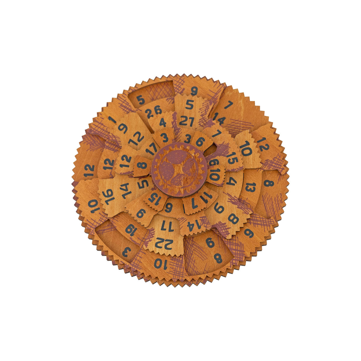 Wooden circular tool with numbered components on a white background