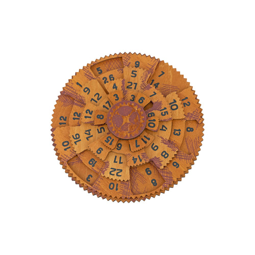 Wooden circular tool with numbered components on a white background