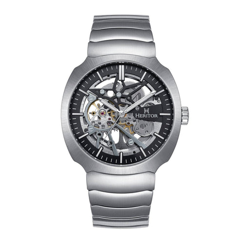 Silver watch with black face and visible brand name on a white background