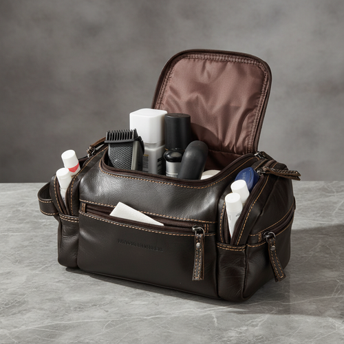 A dark brown leather toiletry bag with an open top, filled with grooming and travel items, set on a gray stone surface against a gray background.