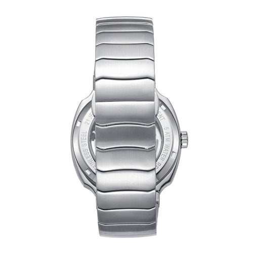 Silver watch with a ribbed band on a white background