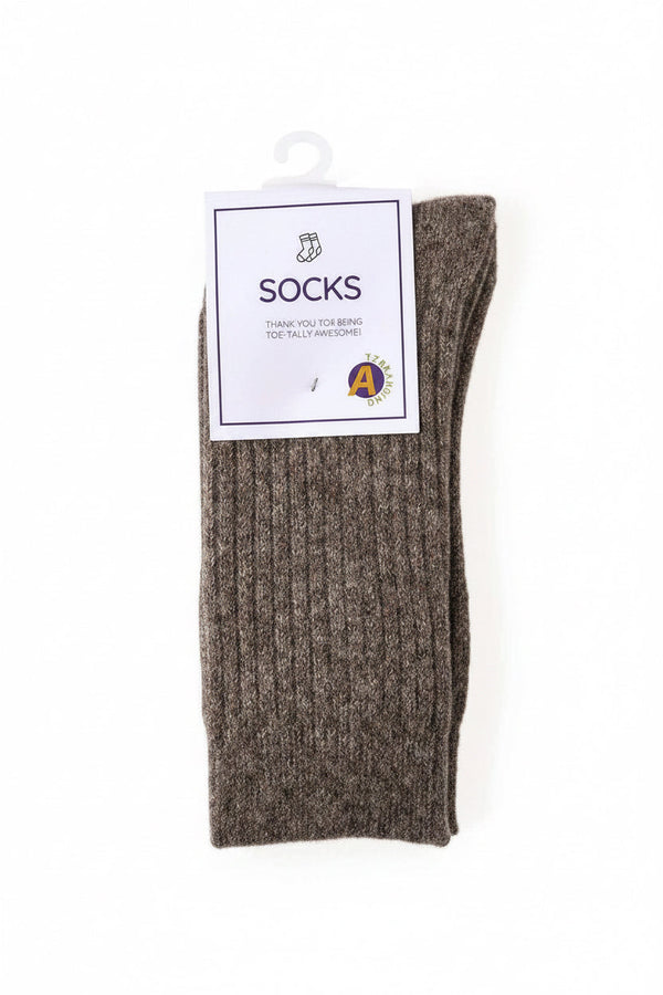 Brown ribbed knit socks with tag reading 'SOCKS' and 'Thank you for being toe-tally awesome'
