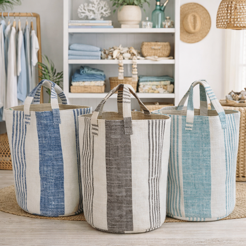 Three woven storage baskets with striped patterns are displayed on a jute rug in a styled home interior. The center basket is cream with a vertical dark gray stripe, while the left and right baskets are cream with vertical blue stripes.