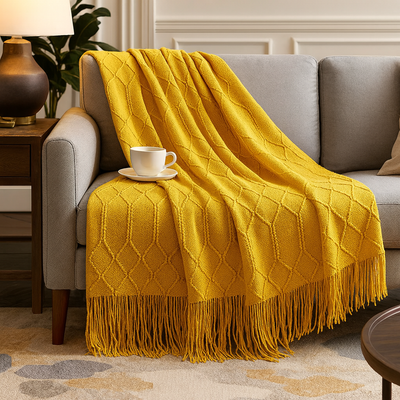 A mustard yellow knit throw blanket with a diamond cable-knit pattern and fringe trim is draped over a gray armchair in a living room setting. A white teacup and saucer sit on the arm of the chair.