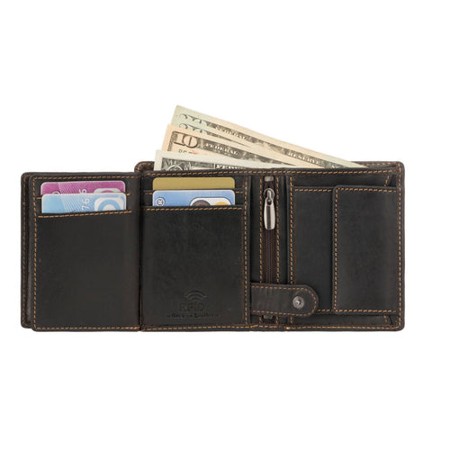 Brown leather wallet with money and cards on a white background