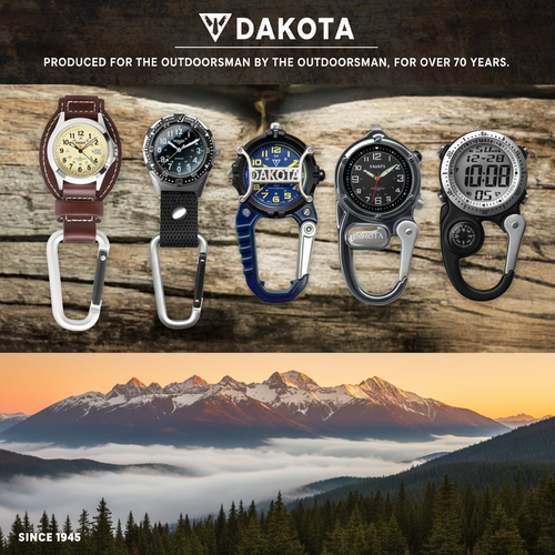 Four Dakota outdoor wristwatches with carabiners displayed on a rustic wood background, with a mountain landscape photo below and Dakota branding at the top.