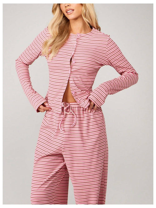 Striped Lounge Set Long Sleeve Top & Pants Soft Casual Outfit