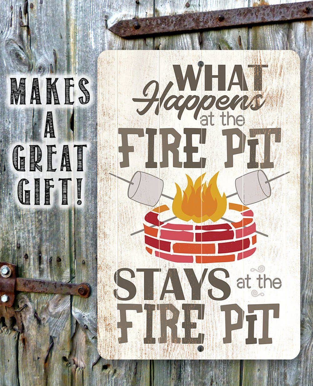 Metal sign with text and graphic of a fire pit on a wooden background