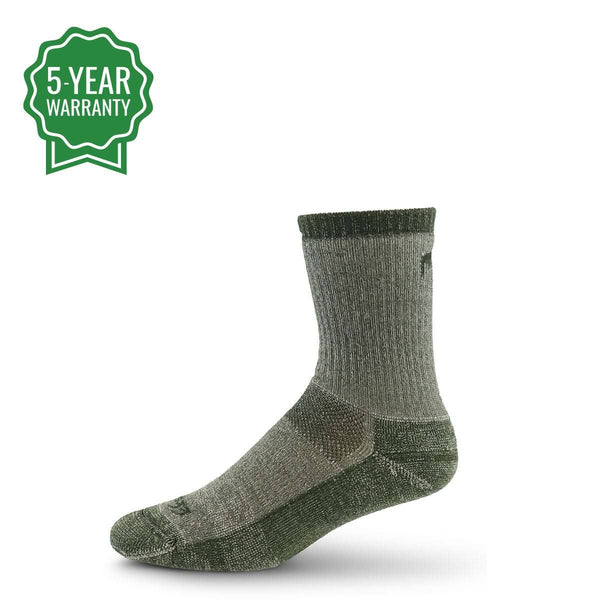 A single mid-calf knit sock in heathered olive green and gray tones, shown on a white background with a green '5-Year Warranty' badge in the top-left corner.