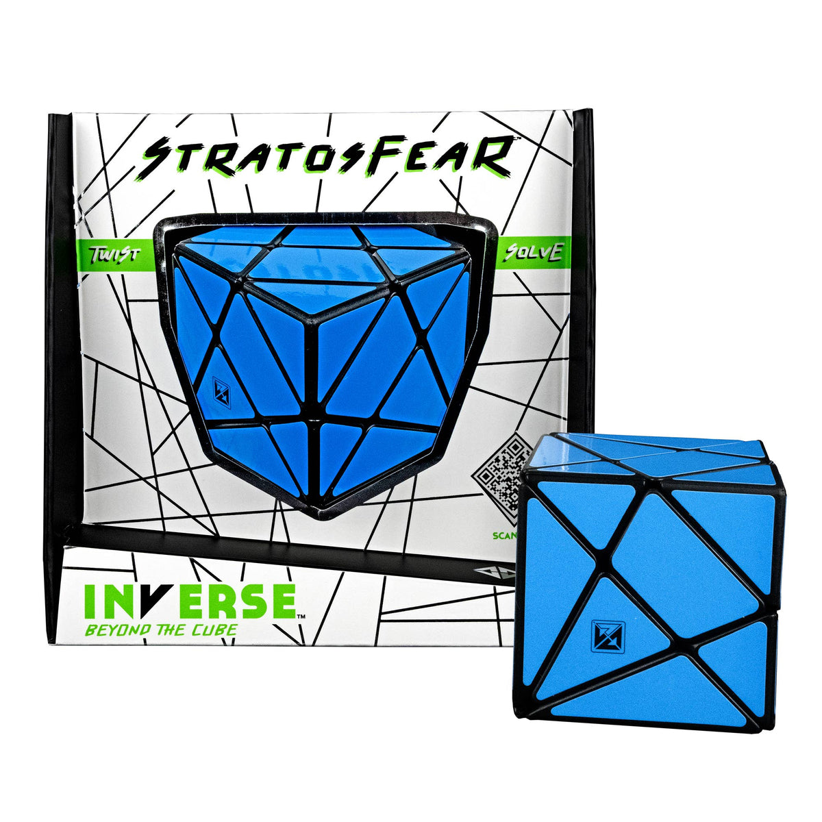 Blue geometric puzzle cube with 'Stratos Fear' packaging in the background