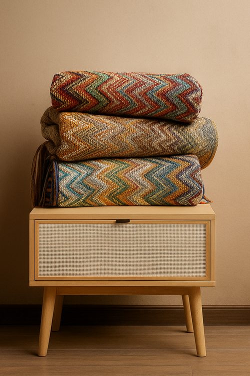 Stack of colorful zigzag-patterned Blankets  on a wooden side table against a beige wall.