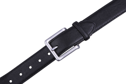 Black leather belt with a silver buckle on a white background