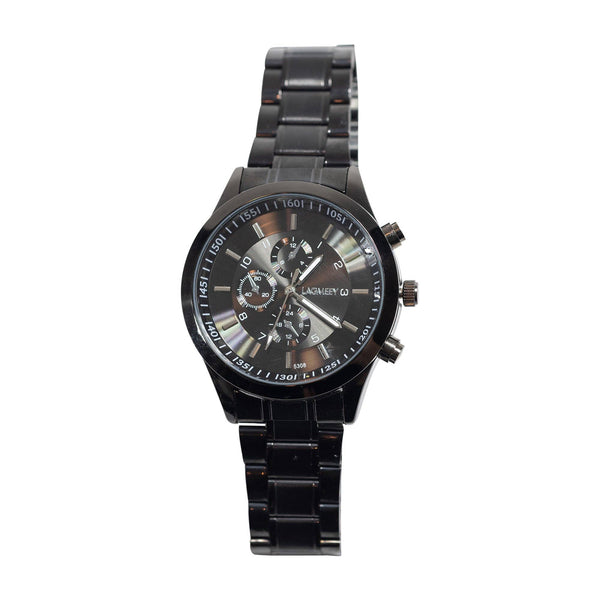 Black wristwatch with detailed face on a white background