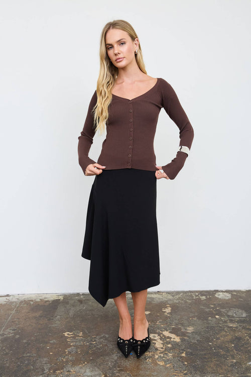 SCOOP NECK BUTTON FITTED RIBBED KNIT CARDIGAN