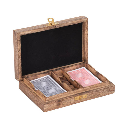 Box - Brown Wooden Rectangular Crafted Cards and Dice, 7 in.