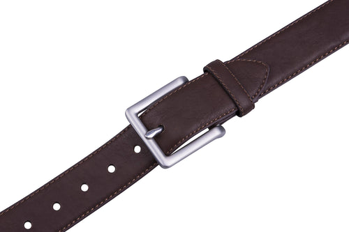 Brown leather belt with a silver buckle on a white background
