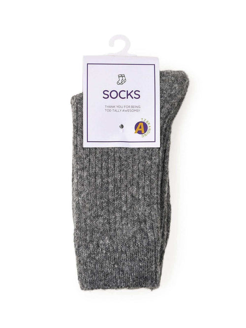 Gray ribbed knit socks with 'SOCKS' tag, 'Thank You for Being Toe-Tally Awesome!' message, and TZ Branding logo on white background