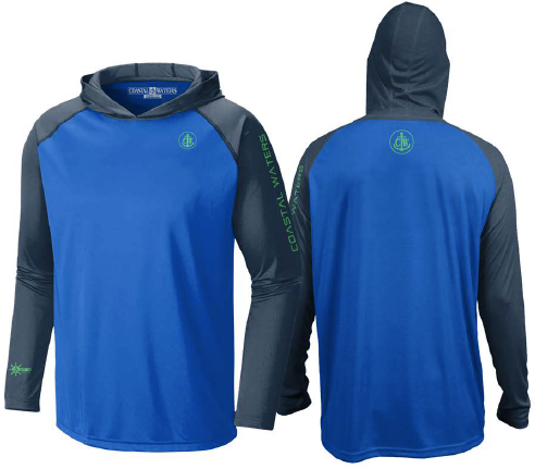 Blue and gray hoodie with brand logo on a white background