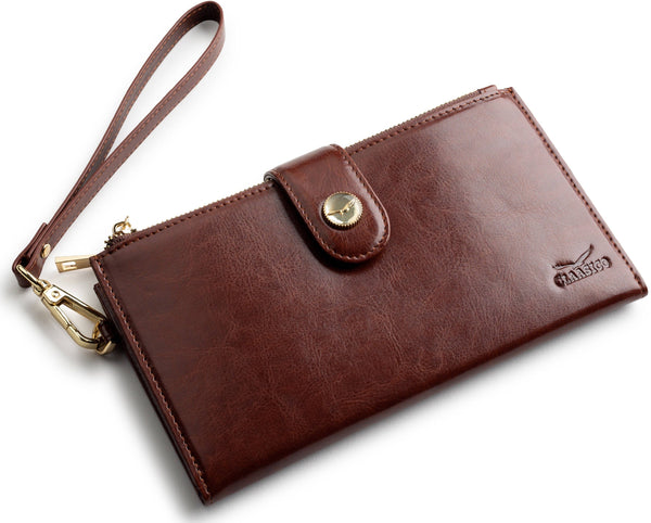 A brown faux-leather wristlet clutch with a wrist strap, gold-tone snap button, and zipper closure, featuring an embossed 'Glanes' logo on the bottom right.