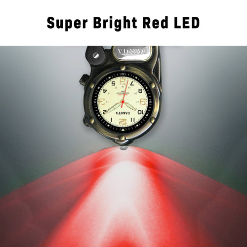 A wristwatch with a black case and cream dial, shown above a red light beam graphic labeled 'Super Bright Red LED'. The watch brand 'V.