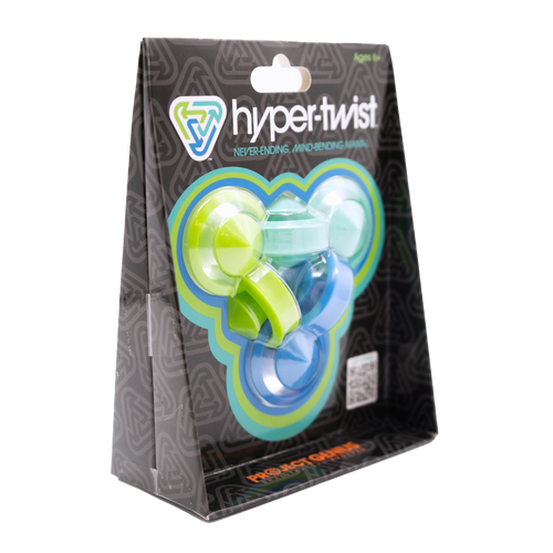 Packaged 'hyper-twist' product with clear and green design on a black background