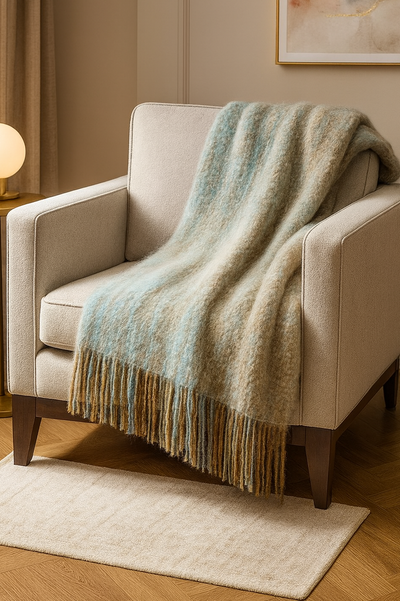Beige armchair with a textured green and brown blanket draped over it, in a room with a lamp and artwork on the wall.