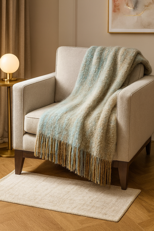 Beige armchair with a textured green and brown blanket draped over it, in a room with a lamp and artwork on the wall.