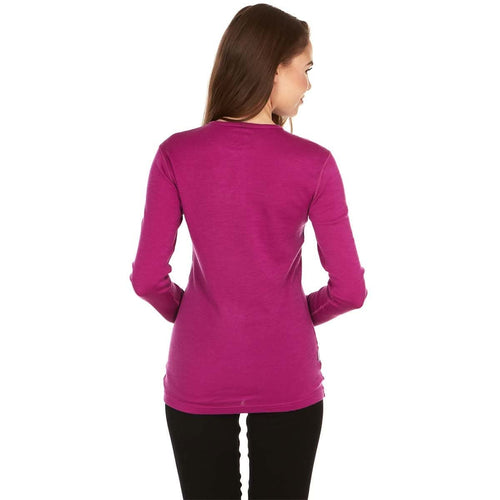 Woman wearing a purple long-sleeve shirt on a white background