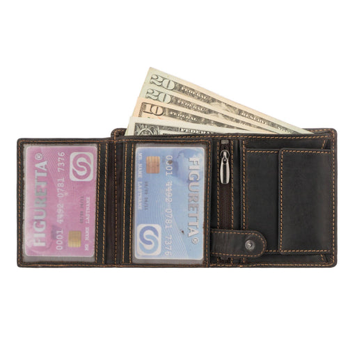 Brown leather wallet with cards and money on a white background