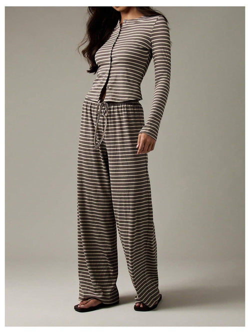 Striped Lounge Set Long Sleeve Top & Pants Soft Casual Outfit