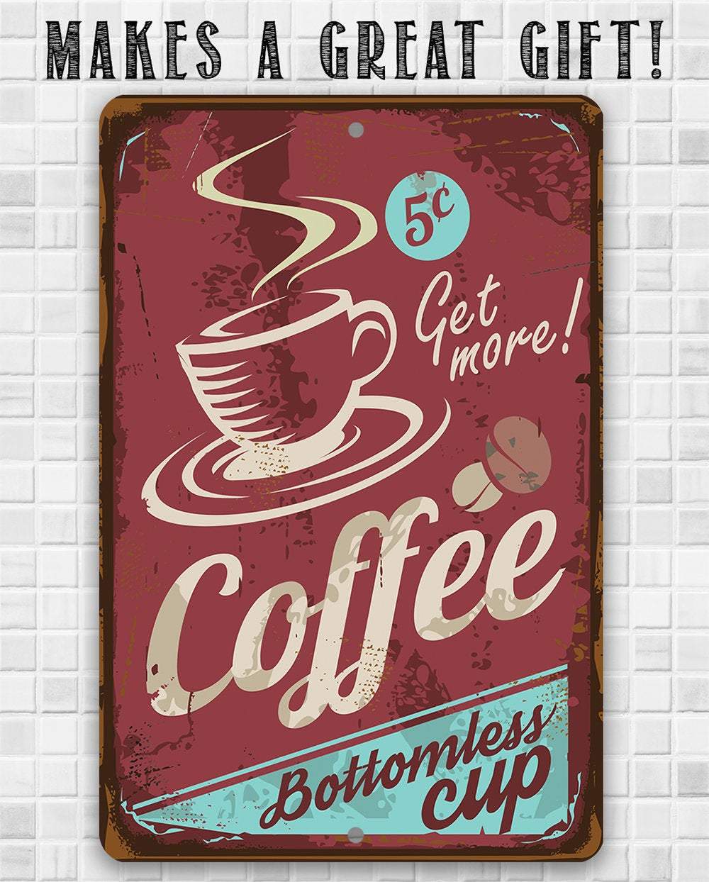 Vintage-style coffee sign with text and graphics on a tiled wall background